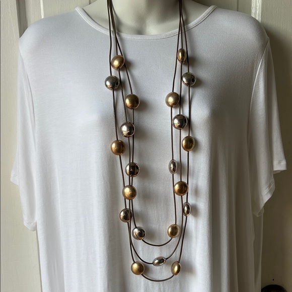 Triple-strand Gold and Silver Bead Necklace - Picture 2 of 3